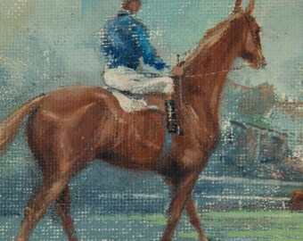アンティーク絵画 - ボード上の水彩画 - 馬に乗った騎手 - ガイ
