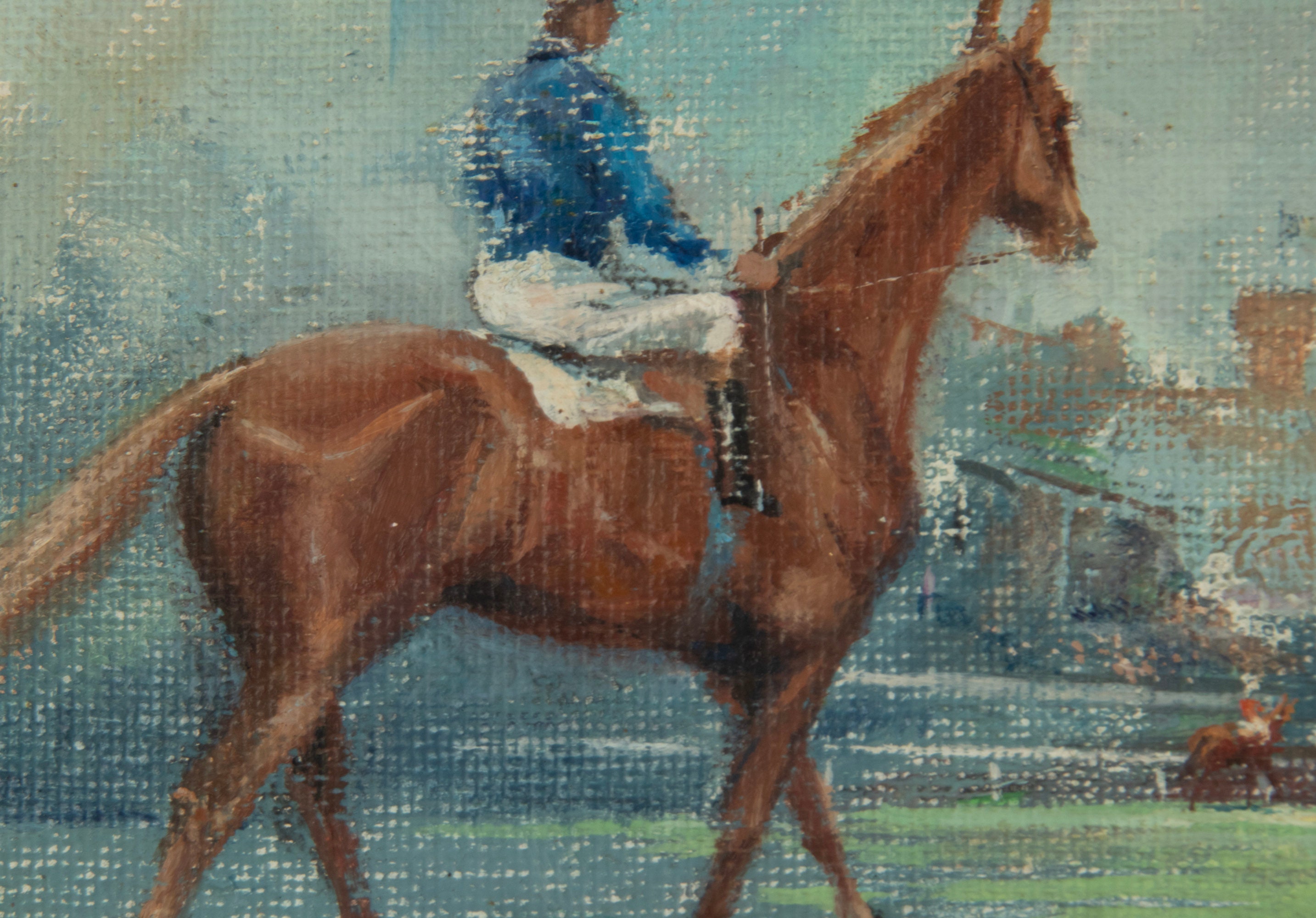 アンティーク絵画 - ボード上の水彩画 - 馬に乗った騎手 - ガイ