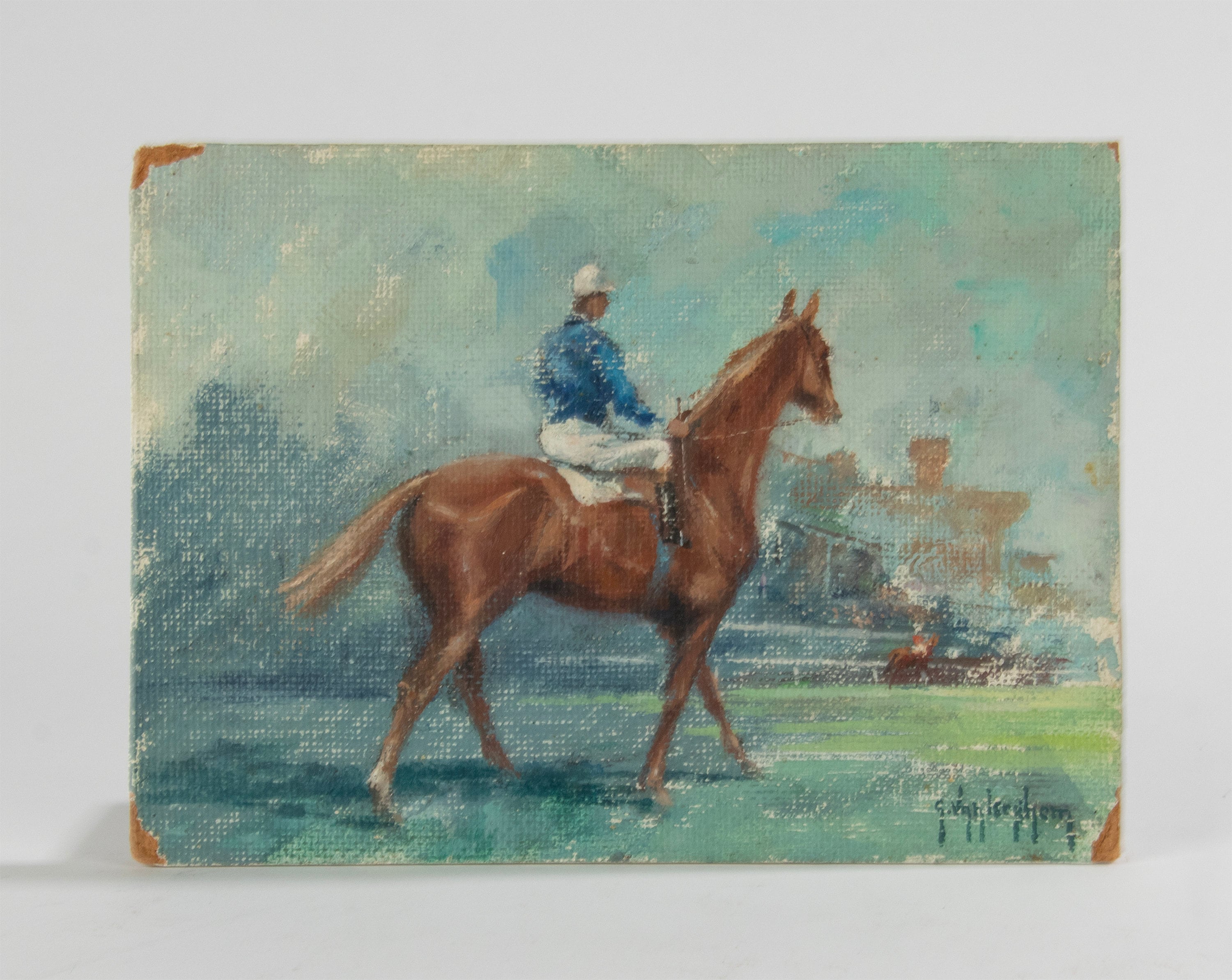 アンティーク絵画 - ボード上の水彩画 - 馬に乗った騎手 - ガイ