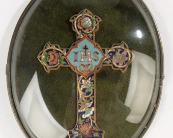 Antique Bronze Cross - Cloisonné - Framed behind Convex Glass