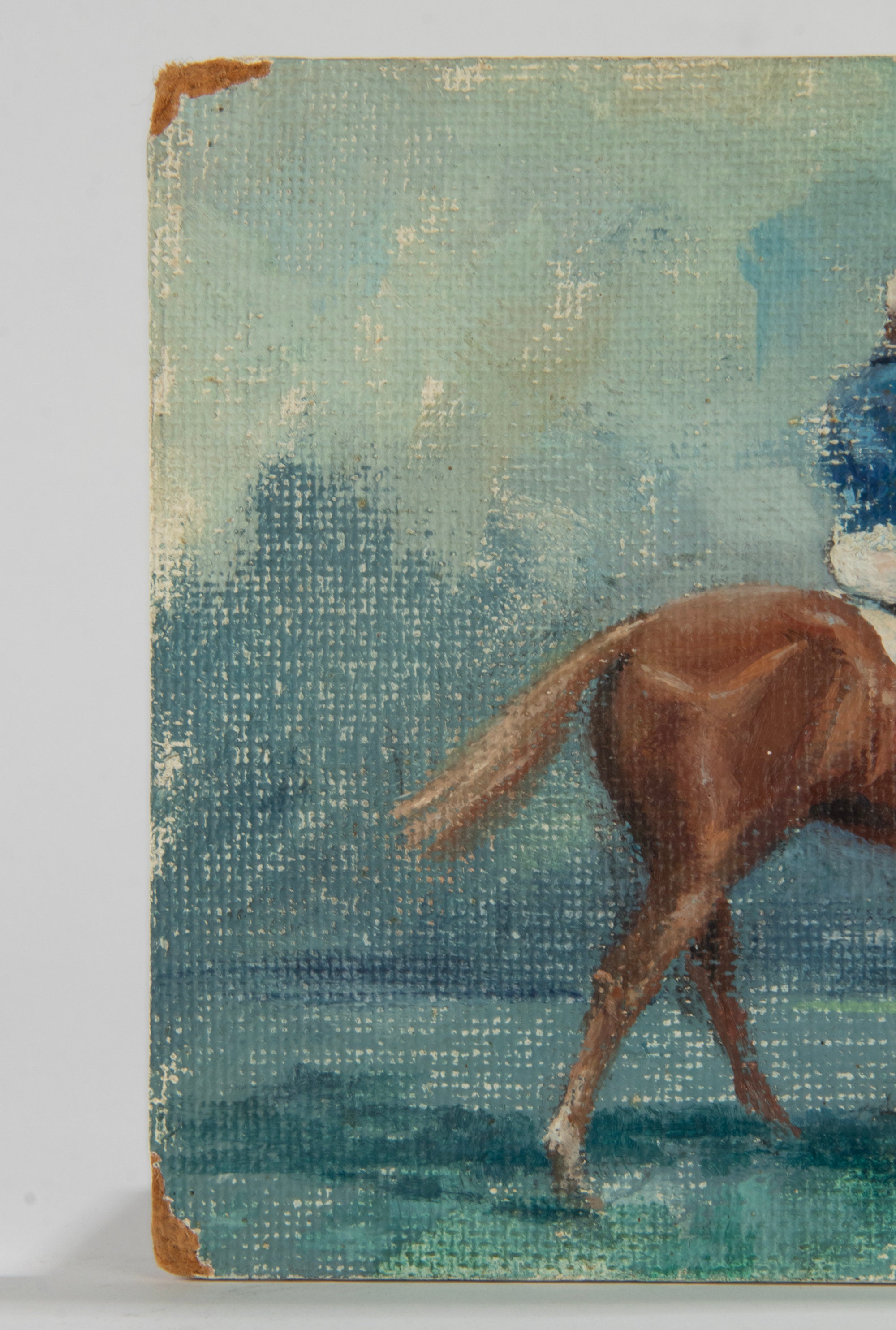 アンティーク絵画 - ボード上の水彩画 - 馬に乗った騎手 - ガイ