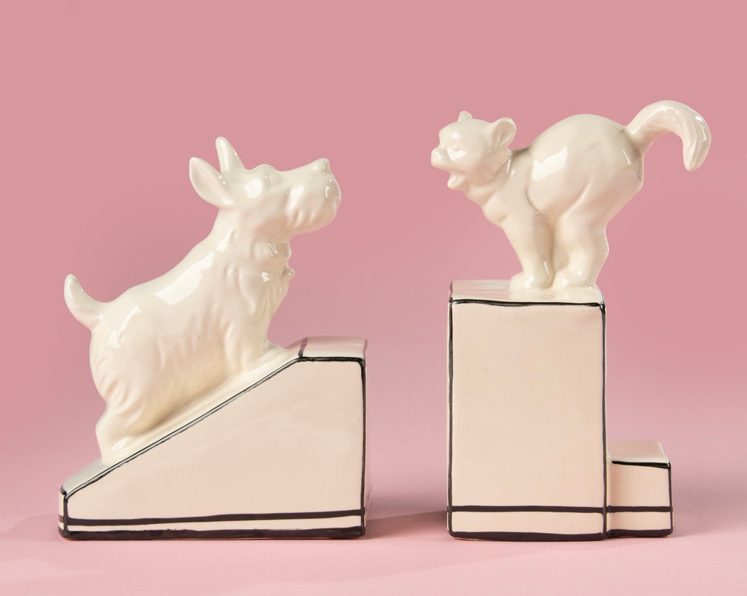 Art Deco Period Ceramic Bookends With Cat and Scottie Dog Etsy