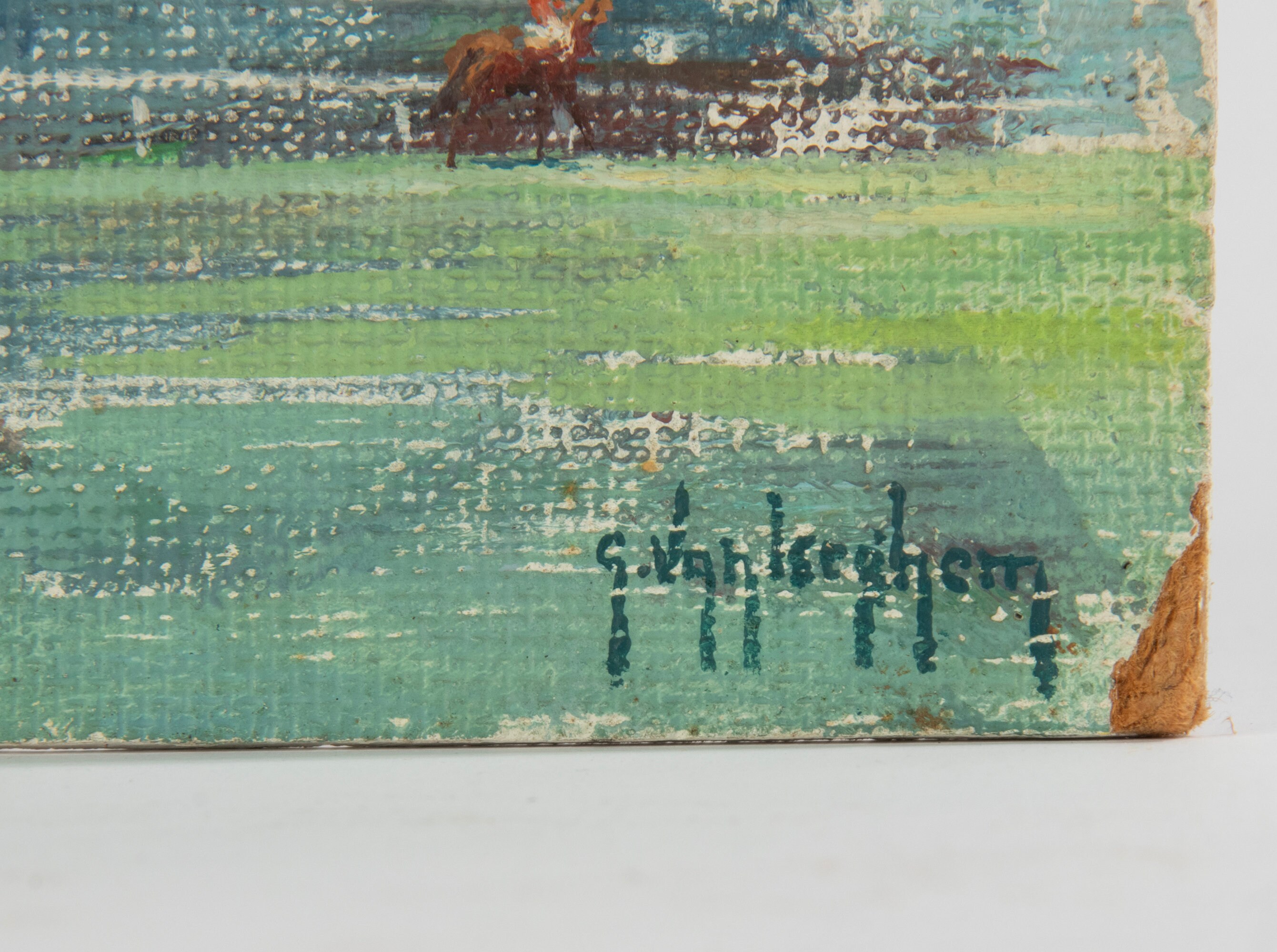 アンティーク絵画 - ボード上の水彩画 - 馬に乗った騎手 - ガイ