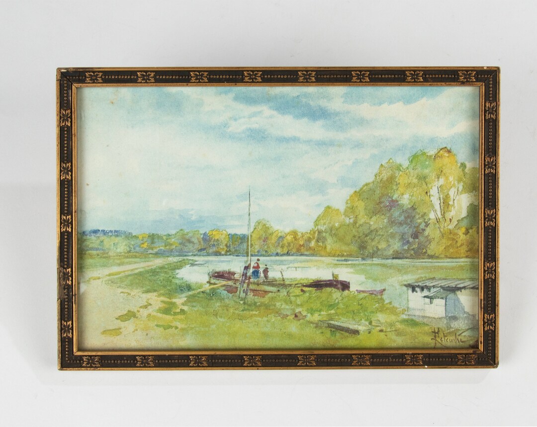 Antique Watercolor Painting Boat on a River - Francois Leteurtre - Etsy