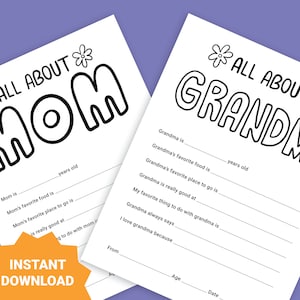 Alles über meine Mutter Füllen Sie den Blanks-Fragebogen aus | Alles über Oma | Geschenk für Mama von Kindern | Muttertagsgeschenk | Muttertag Arbeitsblatt