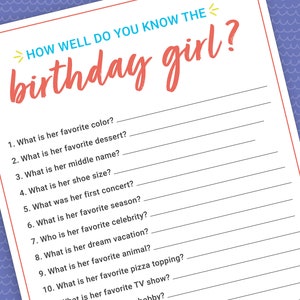 How Well Do You Know the Birthday Girl Game | Birthday Party Games for Girls Printable | Who Knows the Birthday Girl Best | Girl Party Games