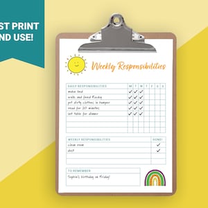 Chore chart | Chore chart for kids | chore chart printable | chore chart for kids printable | weekly chore chart | responsibility chart
