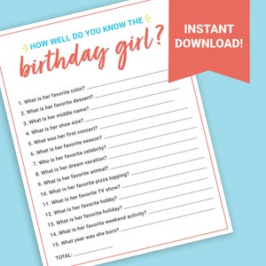 Birthday Games for Her Printable | Girl Birthday Party Games | Who Knows the Birthday Girl Best | Birthday Girl Printable Game
