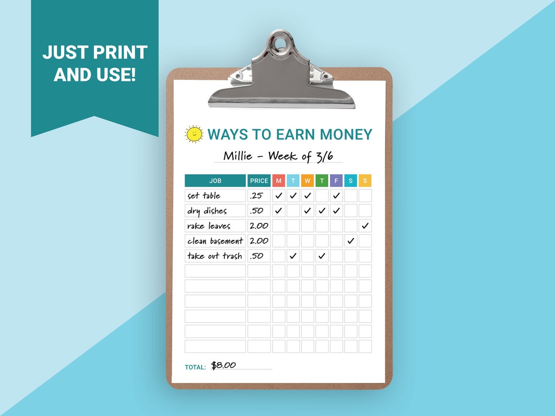 Earn Money Chore Chart Allowance Chore Chart for Kids Chore Chart PDF ...