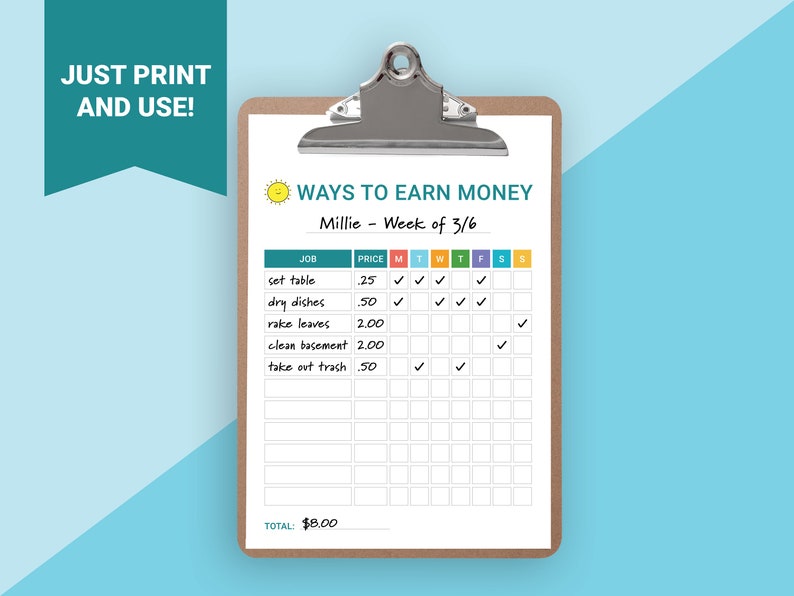 Earn Money Chore Chart Allowance Chore Chart for Kids Chore Chart PDF ...