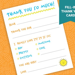 Druckbare Fill-In Dankeskarten für Kinder | Einfacher Dankesbrief | DIY Geburtstag Dankeschön für Kinder | Dankbarkeit Notiz Printable