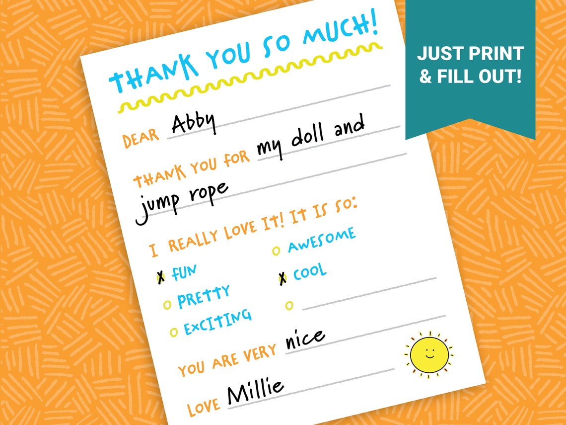 Printable Fill-in Thank You Cards for Kids | Easy Thank You Letter | DIY Birthday Thank You Note ...