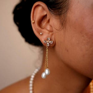 Dainty Flower Pearl Tassel Drop Earrings, Bridal Jewelry, Long Dangling Pearl Earrings, Bridesmaid Gift for her, Dlicate Wedding Earrings