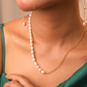 Half Pearl Necklace, Real Pearl Chain Necklace, Baroque Pearl, Bridesmaid Necklace,Gold Pearl Choker Necklace, Wedding Necklace,Gift For Her