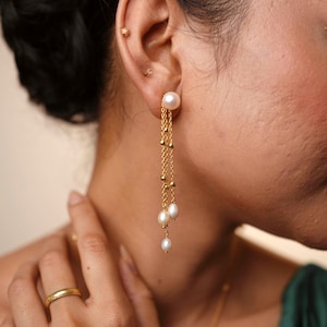 Dainty Pearl Tassel Drop Earrings, Dangling Pearl Earrings, Natural Freshwater Pearl Earrings, Bridesmaid Gift, Daily Earrings, Mother&#39;s day