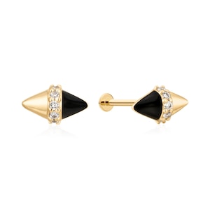 Minimalist Flat Back Piercing Stud – 18k Gold Vermeil, Black Enamel & Clear Zirconia for Cartilage Piercings