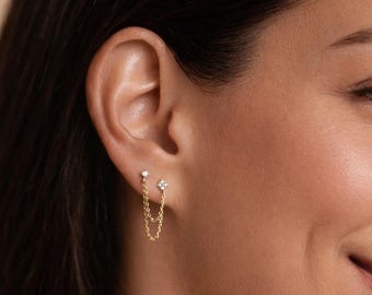 Double Chain Stud Earring | Two Piercings Jewelry | 18k Gold Vermeil | Curated Ear Stack | Hypoallergenic | Minimalist Chain Earring