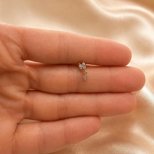 Marquise Flat Back Piercing | Labret Innengewinde | Dangle Dainty Piercing | Sterlingsilber Trio Zirkonia 18K Gold Vermeil