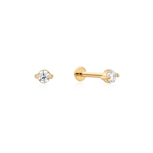Minimalist Flat Back Piercing with Zirconia for Sensitive Skin - 18k Gold Vermeil  Piercing - Cartilage Earring for Helix, Tragus, Conch