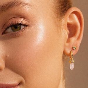Dainty Dangle Huggies | Zierliche Ohrringe | Rose Quartz Hoops Evil Eye | 18k Gold Vermeil 925 Sterlingsilber