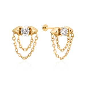 Dainty Chained Flat Back Cartilage Piercing - 18k Gold Vermeil - Helix Conch Tragus Earring |-Hypoallergenic - Minimalist Ear Stack