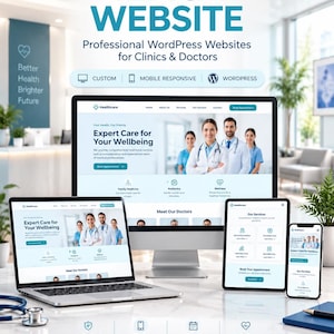 May include: A digital display showing a medical website design on a desktop monitor, laptop, tablet, and smartphone. The screens feature text including Medical Website, Expert Care for Your Wellbeing, and Our Services, with images of medical staff.
