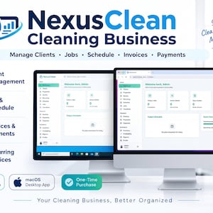 Pode incluir: Interface do software NexusClean Cleaning Business exibida em dois monitores de computador. O painel mostra recursos para gestão de clientes, agendamento de trabalhos, faturamento e pagamentos. Inclui ícones para aplicativos de desktop Windows e macOS.