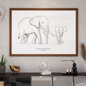 African Elephants wall art, modern black and white style, landscape digital drawing, printable animal safari sketch, instant download.