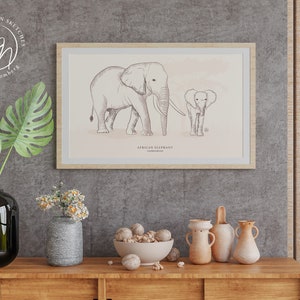 African Elephants wall art, vintage style, landscape digital drawing, printable animal safari sketch, instant download.