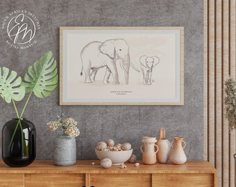 African Elephants wall art, vintage style, landscape digital drawing, printable animal safari sketch, instant download.