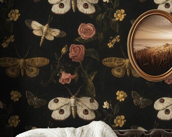 Papel pintado Dark Moth: Mural botánico vintage