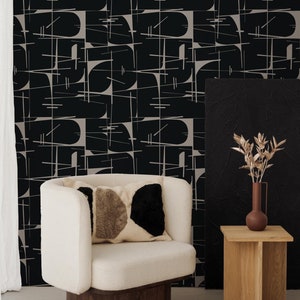 Black Abstract Geometric Wallpaper - Mid-Century Modern Wall Art with Line Patterns - Bold and Contemporary Design for Interiors