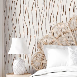 Carta da parati minimalista con effetto peel and stick ad acquerello - Arte murale Japandi grigio marrone terroso - Decorazione murale moderna scandinava neutra