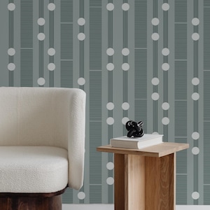Carta da parati a strisce geometriche color verde acqua - Design minimalista con cerchi e linee - Decorazione murale moderna ispirata alla metà del secolo, stacca e attacca