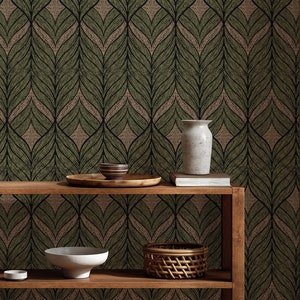 Elegante carta da parati geometrica verde scuro – accenti beige retrò, stacca e attacca, design astratto elegante, decorazione fai da te per la casa