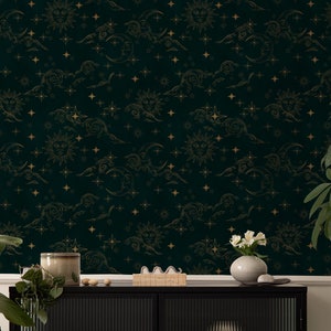 Carta da parati mistica verde notte stellata - Design celeste di luna e sole per un arredamento da sogno - Stacca e attacca, arredamento astronomico per la casa