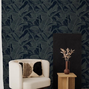 Navy Blue Tropical Leaf Wallpaper - Modern Botanical Peel and Stick Wall Mural