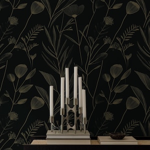 Carta da parati Dark Botanical Line Art - Elegante murale da parete staccabile e attaccabile in nero e oro