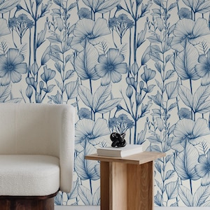 Carta da parati floreale Blue Line - Elegante arte murale botanica staccabile e adesiva per interni senza tempo