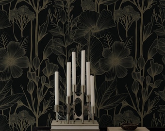 Papel tapiz con líneas florales oscuras: Mural autoadhesivo botánico negro