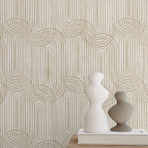 Neutral Beige geschwungene Tapete - Minimalistisches geometrisches Linien-Design für elegantes Wohndekor - wieder ablösbar