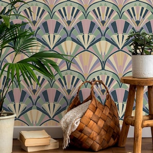 Fan Art Deco Design-Tapete - Schälen und Aufkleben, Pastellgrün und -Rosa-Muster, Vintage-Pastellfarbene Tapete, abnehmbares Retro-Wanddekor