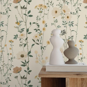 Carta da parati floreale vintage - Elegante murale botanico ad acquerello - Arte murale antica Cottagecore Peel & Stick