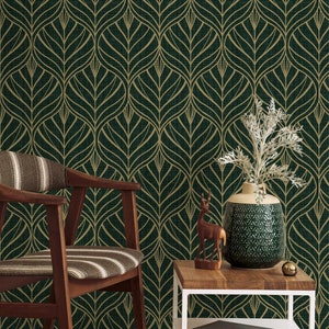Carta da parati geometrica a foglia verde scuro con accenti dorati: carta da parati rimovibile elegante e lussuosa per interni moderni