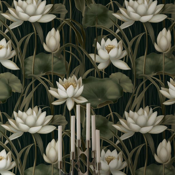 Papel pintado de loto: Mural de nenúfar verde oscuro, arte mural botánico