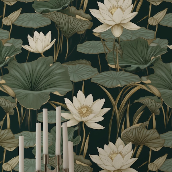 Elegante papel tapiz con estanque de lotos: mural de pared con nenúfares tranquilos: decoración del hogar inspirada en la naturaleza