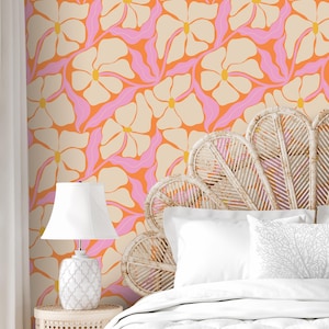 Groovy Pink Gänseblümchen Tapete - Funky Pink Schälen und Stick - 50er 60er Jahre Botanische Traditionelle Tapete - Beige Und Weiße Tapete