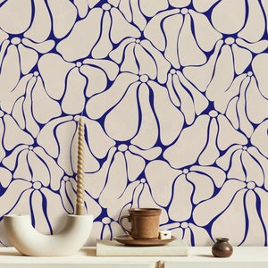 Funky Blue Flowers Wallpaper - Groovy Peel and Stick Daisy Flower - 70s 80s Botanical Wallpaper - Home Decor - Self Adhesive