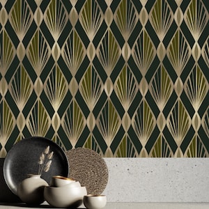 Art Deco Geometric Wallpaper – Dark Green & Beige Peel and Stick, Elegant Green Tones, Stylish Background Design