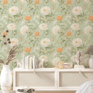 Carta da parati floreale vintage - Elegante murale a margherita - Stampa botanica verde tenue - Carta da parati staccabile e adesiva Cottagecore - Decorazione della fattoria